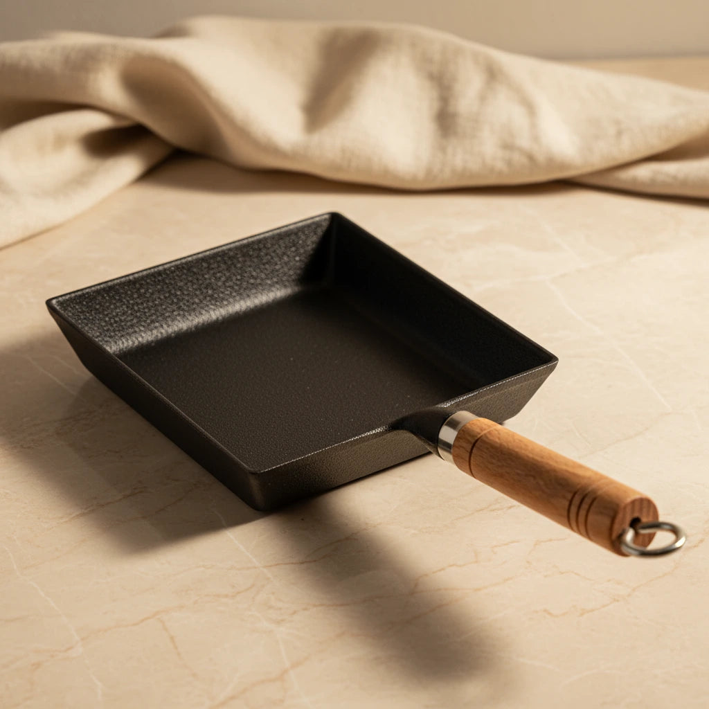 Poêle Tamagoyaki en fonte : modèle rectangulaire noir avec manche en bois.