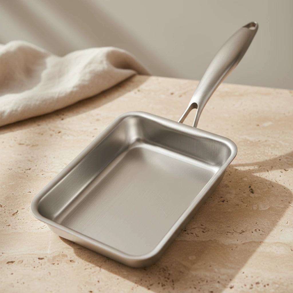 Poêle Tamagoyaki en Inox : vue d’ensemble du modèle rectangulaire en inox.