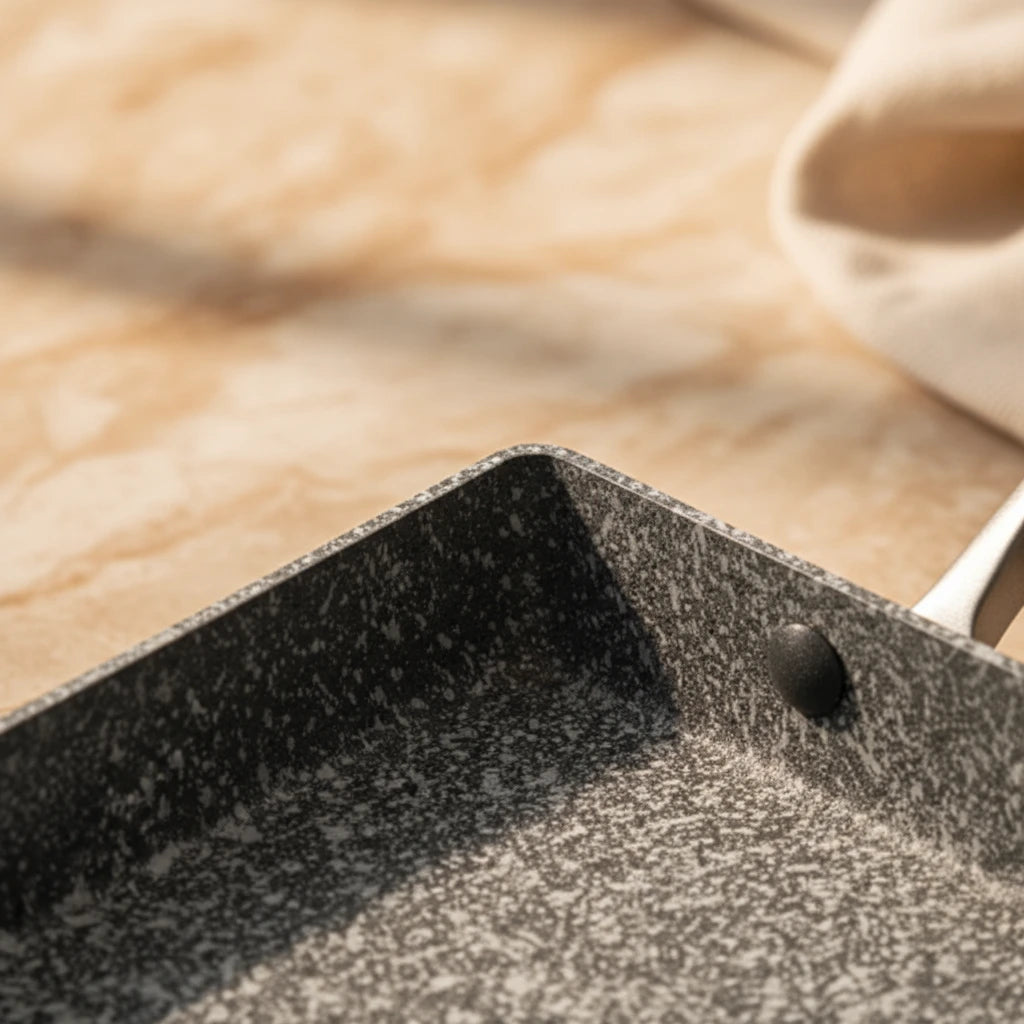 Poêle Tamagoyaki en Pierre : détail du revêtement intérieur moucheté.