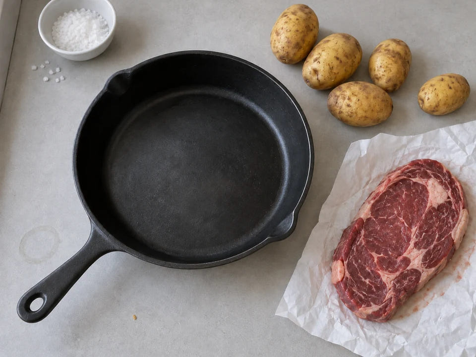 Poids d'une poêle en fonte : une poêle vide aux parois épaisses, à côté d'une entrecôte crue et de pommes de terre