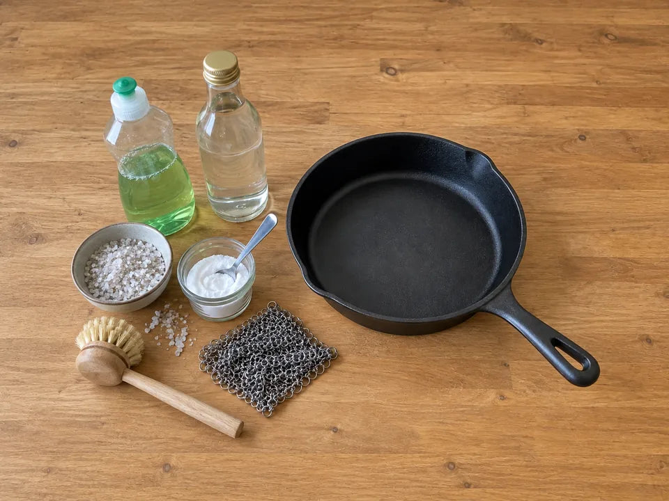 Produits pour nettoyer une poêle en fonte : gros sel, bicarbonate, vinaigre blanc, liquide vaisselle et cotte de mailles