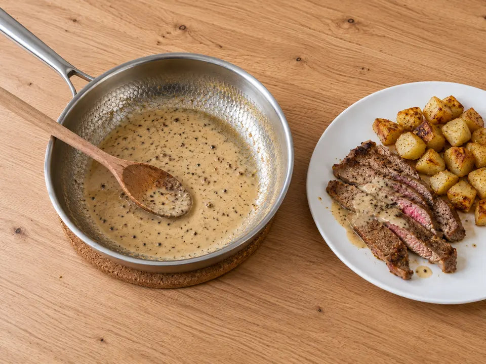 Sauce à la crème et au poivre dans une poêle en titane, à côté d'une entrecôte tranchée et de pommes de terre dorées