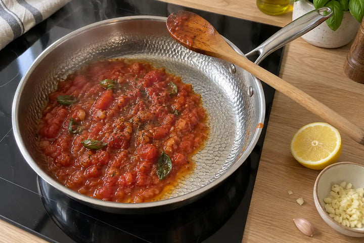 Sauce tomate qui mijote dans une poêle en titane martelé : la surface martelée reste uniforme et claire autour de la sauce