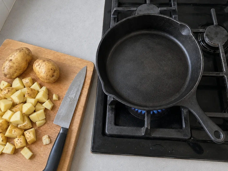Temps de chauffe d'une poêle en fonte : la poêle vide préchauffe sur le gaz pendant que l'on coupe les pommes de terre
