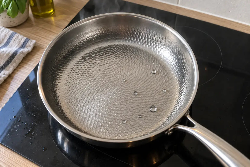 Gouttes d'eau qui roulent en billes sur la surface martelée chaude d'une poêle en titane
