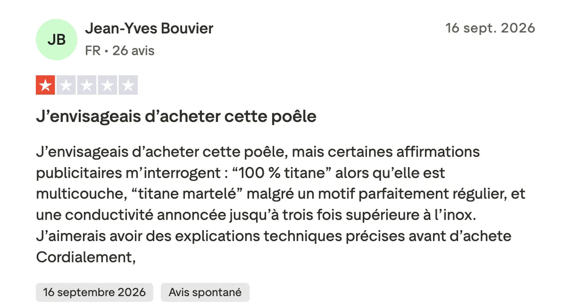 Titanox avis : capture d'un avis Trustpilot à une étoile publié le 16 septembre 2026, un acheteur relève une poêle multicouche vendue « 100 % titane »