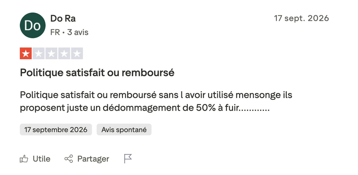 Titanox avis : capture d'un avis Trustpilot à une étoile publié le 17 septembre 2026, le satisfait ou remboursé devient un dédommagement de 50 %
