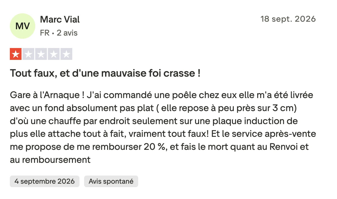 Titanox avis : capture d'un avis Trustpilot à une étoile publié le 18 septembre 2026, une poêle livrée bombée qui chauffe par endroits sur l'induction