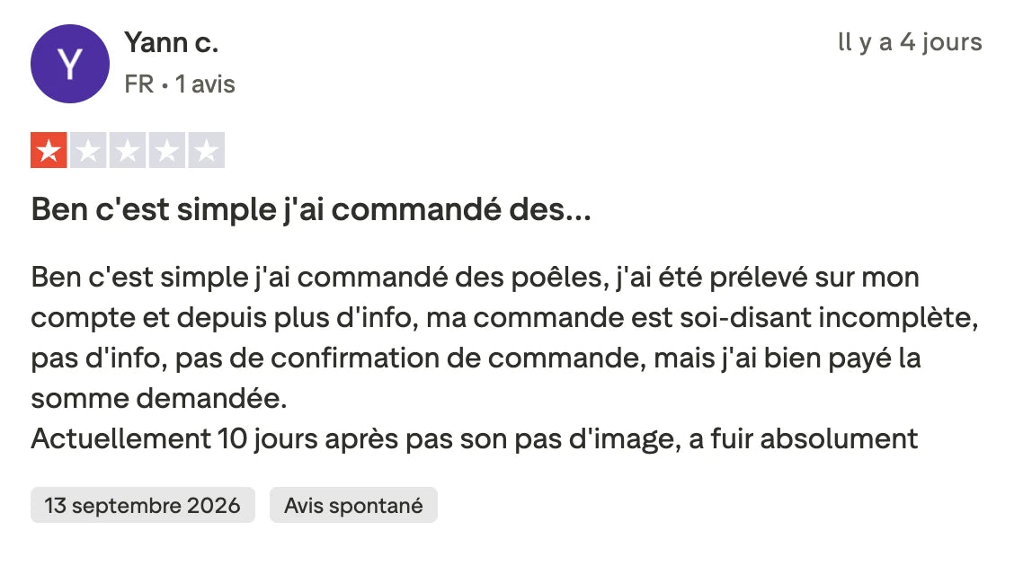 Titanox avis : capture d'un avis Trustpilot à une étoile, un client prélevé le 13 septembre 2026 sans colis ni réponse dix jours plus tard