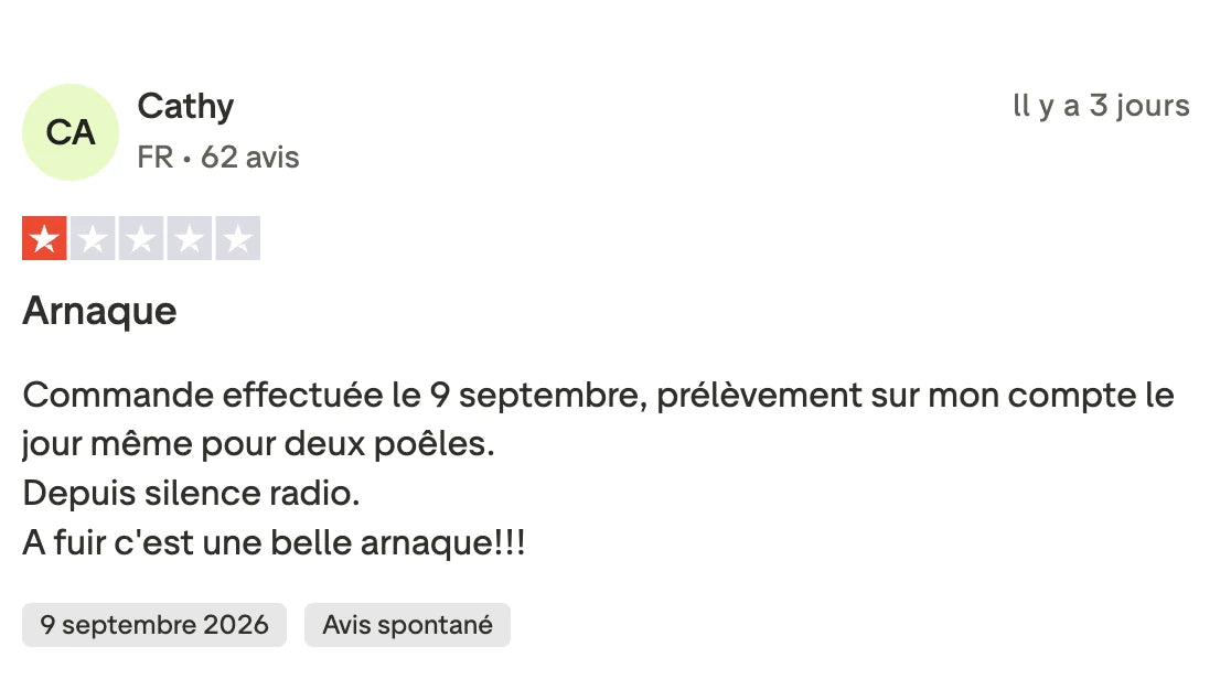 Titanox avis : capture d'un avis Trustpilot à une étoile, deux poêles payées le 9 septembre 2026 puis silence radio