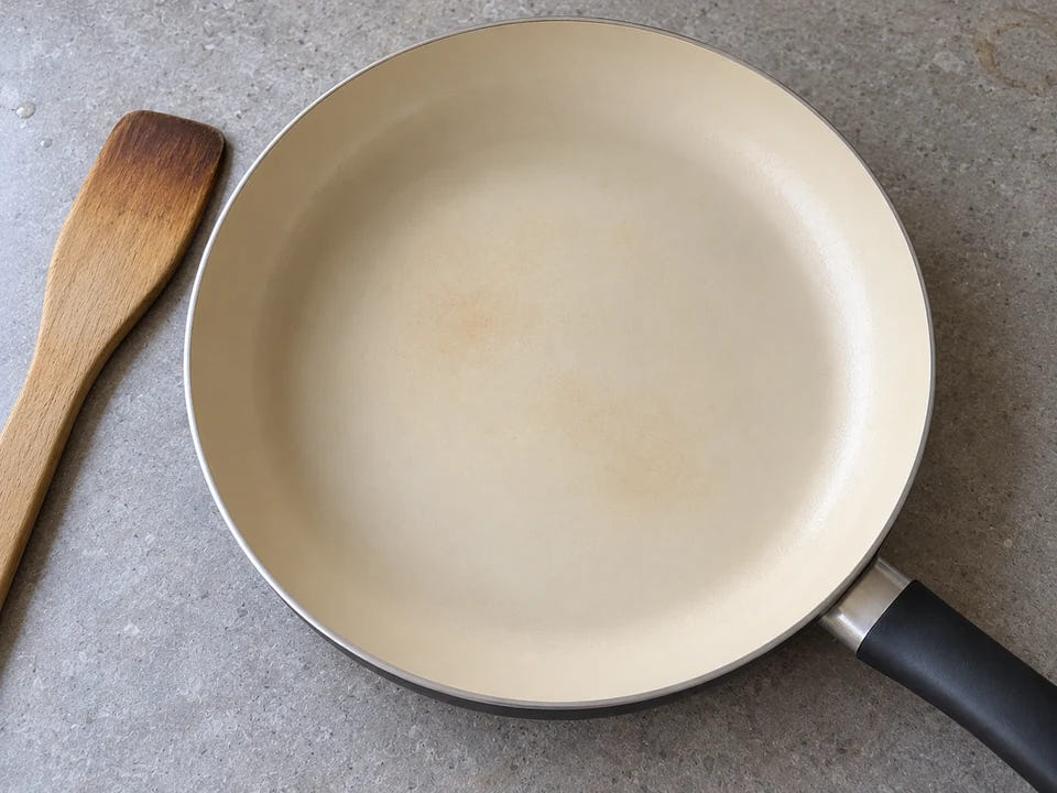 Usure d'une poêle en céramique : la poêle vide et propre, sa surface claire légèrement teintée, à côté d'une spatule en bois